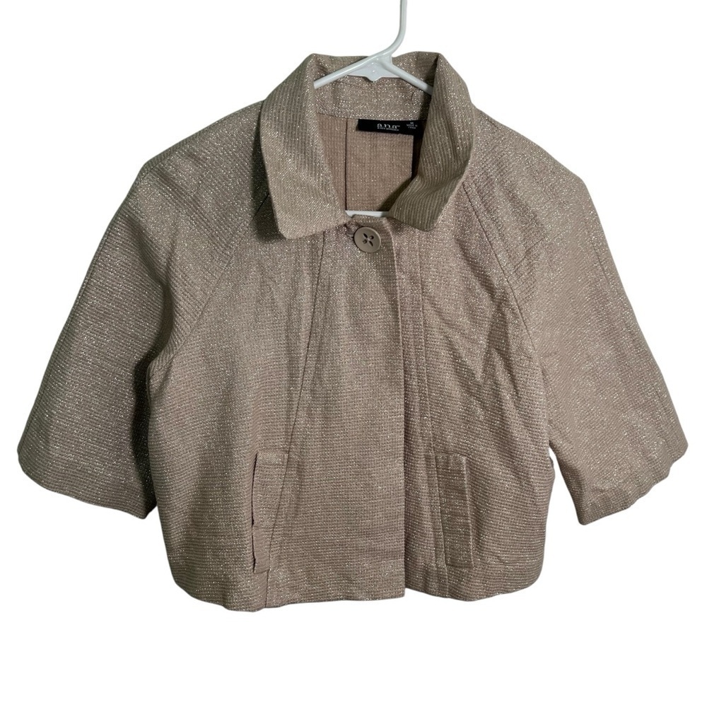 A.n.a. Women's Size Medium One Button Blazer Beige Silver Metallic Pockets Silk
